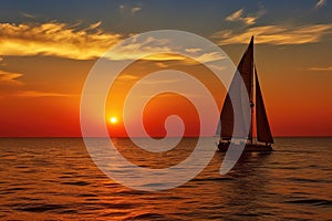 Sunset on the ocean with sailing yachts on the horizon