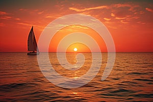 Sunset on the ocean with sailing yachts on the horizon