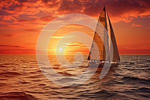 Sunset on the ocean with sailing yachts on the horizon