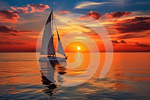 Sunset on the ocean with sailing yachts on the horizon