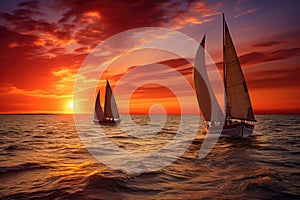 Sunset on the ocean with sailing yachts on the horizon