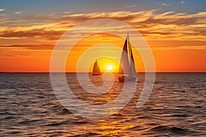 Sunset on the ocean with sailing yachts on the horizon