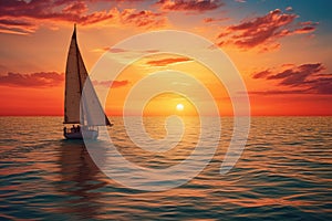 Sunset on the ocean with sailing yachts on the horizon