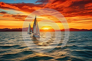 Sunset on the ocean with sailing yachts on the horizon