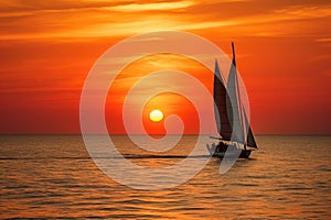 Sunset on the ocean with sailing yachts on the horizon