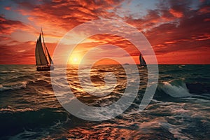 Sunset on the ocean with sailing yachts on the horizon