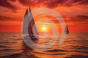 Sunset on the ocean with sailing yachts on the horizon