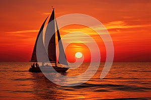 Sunset on the ocean with sailing yachts on the horizon