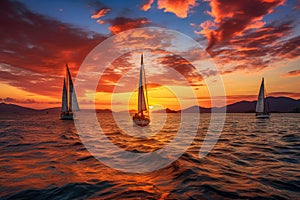 Sunset on the ocean with sailing yachts on the horizon