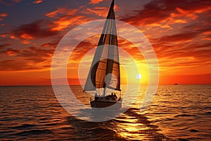 Sunset on the ocean with sailing yachts on the horizon