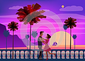 Sunset ocean, sea, palm trees, mountains, embankment, the setting sun, seascape. Meeting a couple in love, romance, love