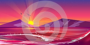 Sunset in ocean with splashing waves, nature view