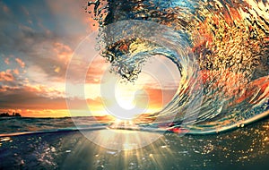 Sunset ocean surfing wave lip against sunlight photo