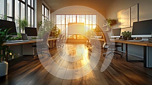 Modern Open-Plan Office Bathed in Golden Hour Sunlight