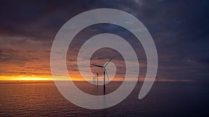 Sunset offshore at wind turbine farm