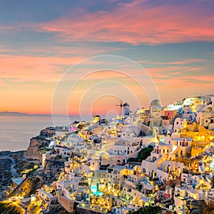 Sunset Oia on Famous Santorini island in Greece. Night illumination