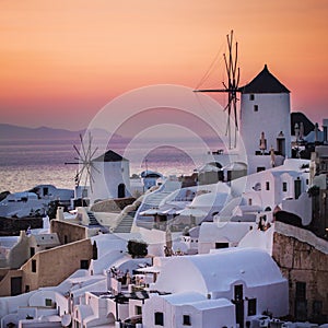 Sunset in Oia Town and Sea, Santorini Island