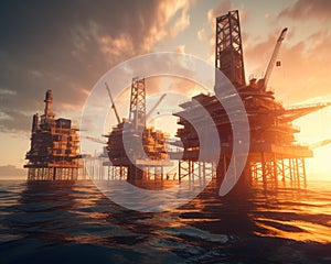 Sunset oil digging platform. Silhouette of drilling technologies. Generative AI