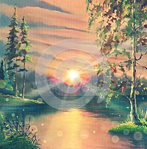Sunset oil painting landscape with lake against summer forest with water reflections, morning sunrise drawing art on canvas art