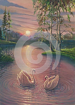 Sunset oil painting landscape with white swans in lake against summer forest with water reflections, morning sunriset art