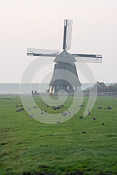 Sunset with old Dutch windmill