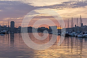 Sunset in old port, the main popular place in Marseille