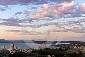 Sunset on Old Quebec city with St-Lawrence river and Orlean\'s island as background