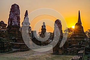 Sunset and old temples in Ayutthaya, Thailand