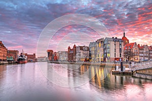 Sunset in old town of Gdansk at Motlawa river