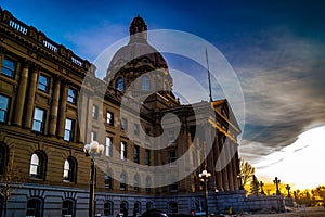 Sunset on old world architecture, Alberta Legislature Grounds, Edmonton, Alberta, Canada