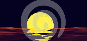 Sunset orange sun reflection on water surface on background night sky. Tropical sea landscape with moon path in red
