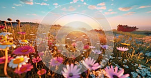 sunset outdoor meadow flower nature pink field violet blooming beautiful background. Generative AI.