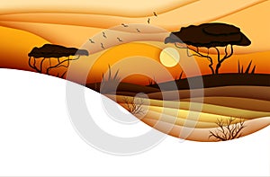 Sunset over african savannah. Africa wildlife concept design. Vector illustration in paper cut style