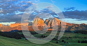 Sunset over the Alpe di Siusi - Seiser Alm with Sassolungo