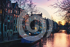 Sunset over Amsterdam, Netherlands canals and