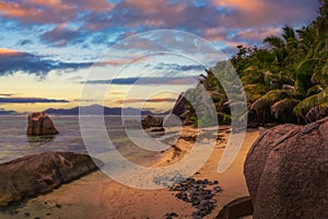 Sunset over Anse Source D'argent beach at La Digue Island, Seychelles