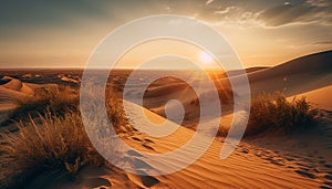 Sunset over arid African landscape, sand dunes glow orange generated by AI