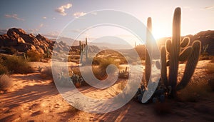 Sunset over arid mountains, sand dunes, and cacti create breathtaking beauty generated by AI