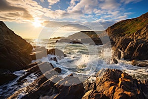 Sunset over the Atlantic Ocean in Cornwall, England, United Kingdom, A Rocky Beach landscape view with rough sea waves and