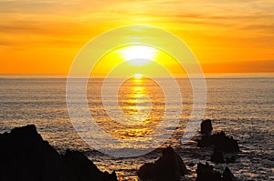 Sunset over Atlantic Ocean, Hartland Quay, Devon