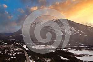 Sunset Over The Banff Mountains And Town