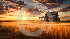 Sunset over a barn in a wheat field with a dramatic sky, AI Generated