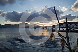 Sunset over Bay of Adamantas with Typical Whitewashed Houses, Mi