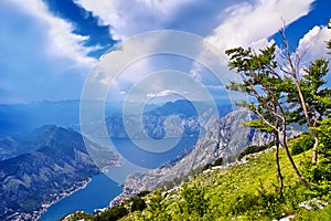 Sunset over the bay of Kotor in Montenegro, panorama of mountain