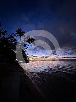 sunset over a beach with palm trees and dark clouds in the sky