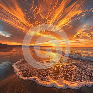 Sunset Over Beach With Waves