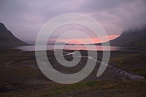 Sunset over beautifil bay of Hvalfjordur on Iceland