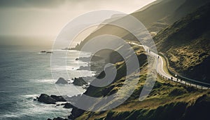 Sunset over Big Sur mountain range, waves crash on coastline generated by AI