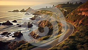 Sunset over Big Sur rugged coastline, a journey through beauty generated by AI