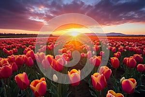 Sunset over the blooming tulip field